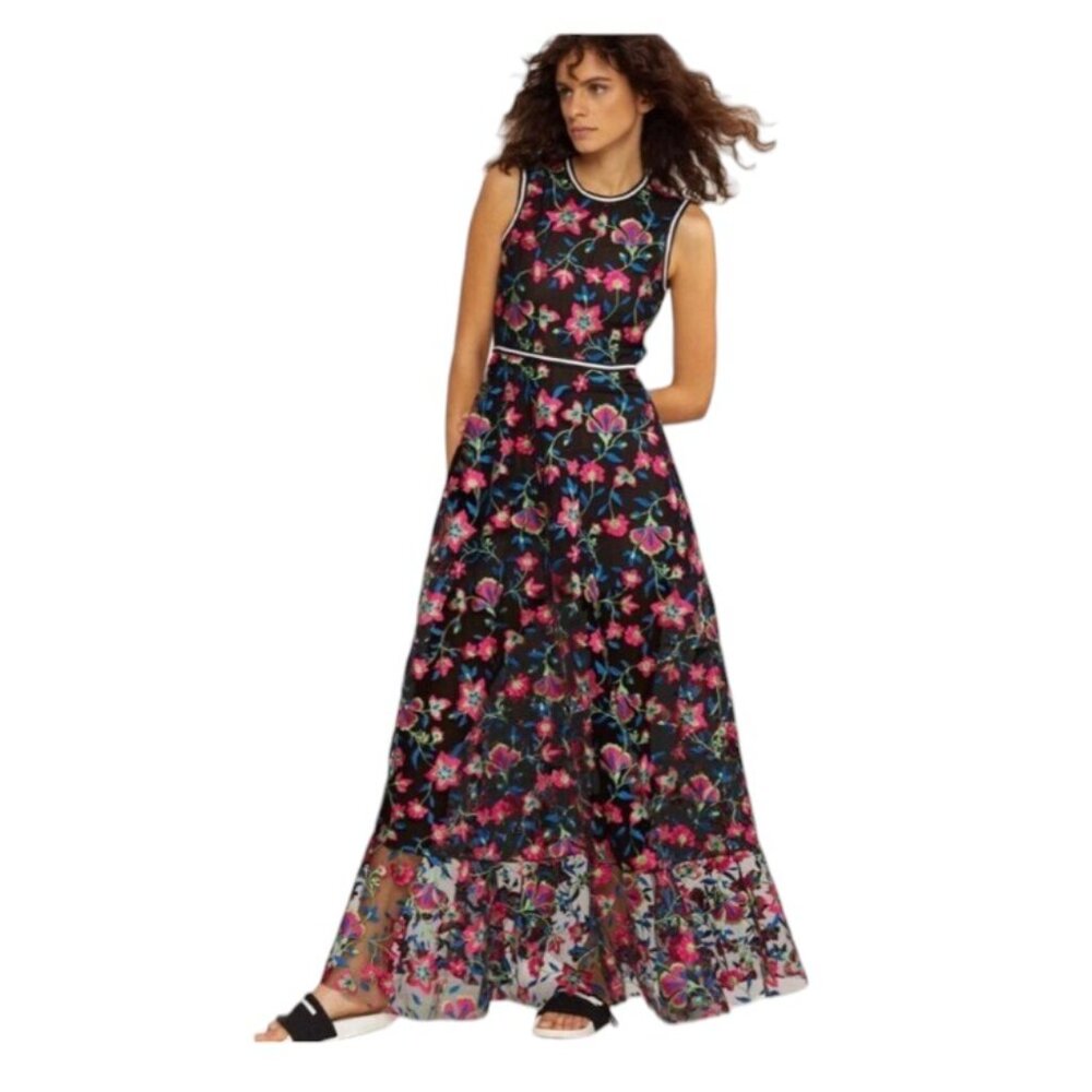 NWT Cynthia Rowley Sleeveless Colorful Embroidered Floral Black Maxi Dress-8